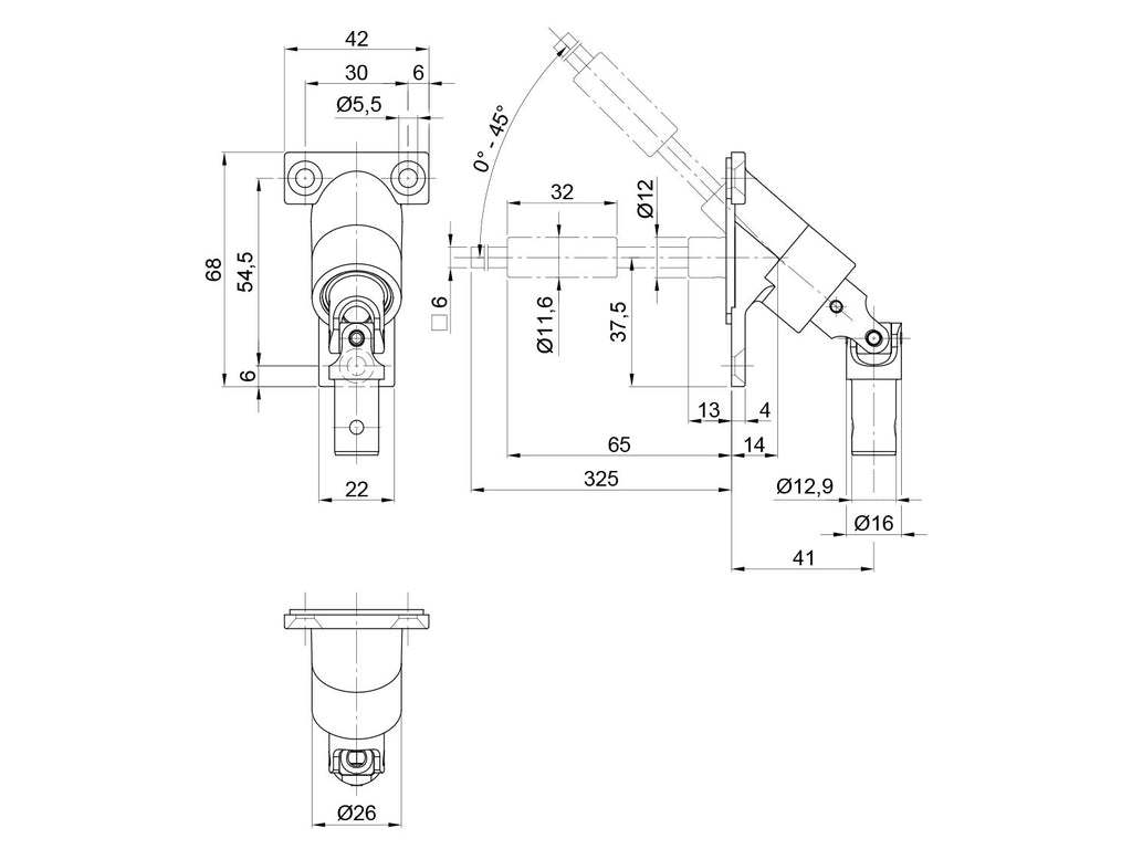 Gelenklager 90°, Thermischer Trennung, T-Form, Zapfen Ø12,9 mm