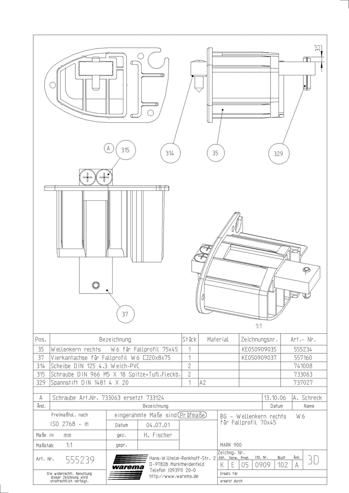 Warema Wellenkern für Fallprofil 70x45 mm